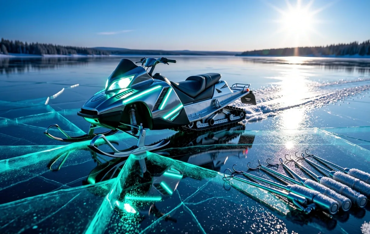 Futuristic snowmobile on frozen lake
